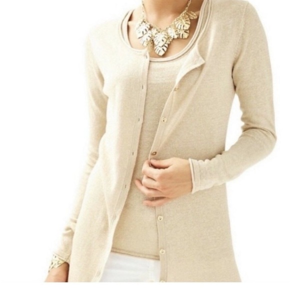 Lilly Pulitzer Jacey Gold Metallic Linen Blend Cardigan Sweater Shimmer Sparkle - Picture 9 of 9